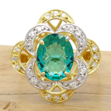 Anel com Crista de Turmalina Paraíba e 24 Diamantes, em Ouro Amarelo 18 Kilates